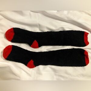NWOT Fuzzy Black and Red Long Socks.
